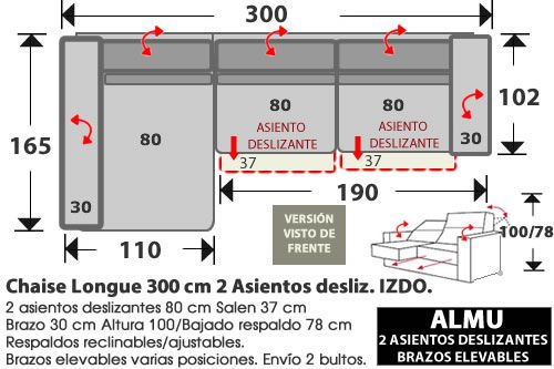 (281) ChaiseLongue 300cm. IZDO. 2 Deslizantes