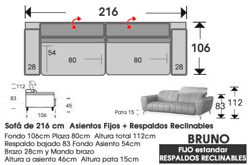 (314) Sofá 216cm. Fijo Resp. Abatibles